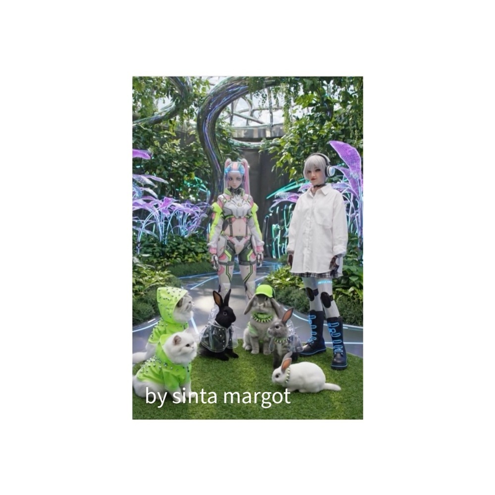 HANDCRAFTED digital art print Vibrant Greenery anime  with fur babies  by me